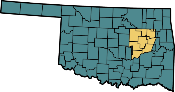 map of Oklahoma, in east-center of which, Muscogee Nation territory is highlighted